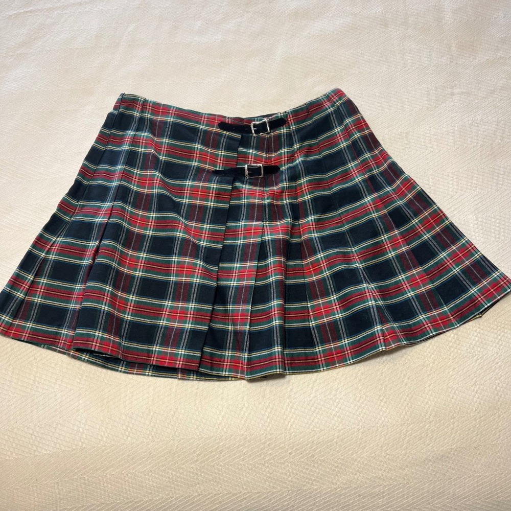 Vintage 1991 Necessary Objects Red Green Plaid Pleated Cotton Mini Skirt Size 7